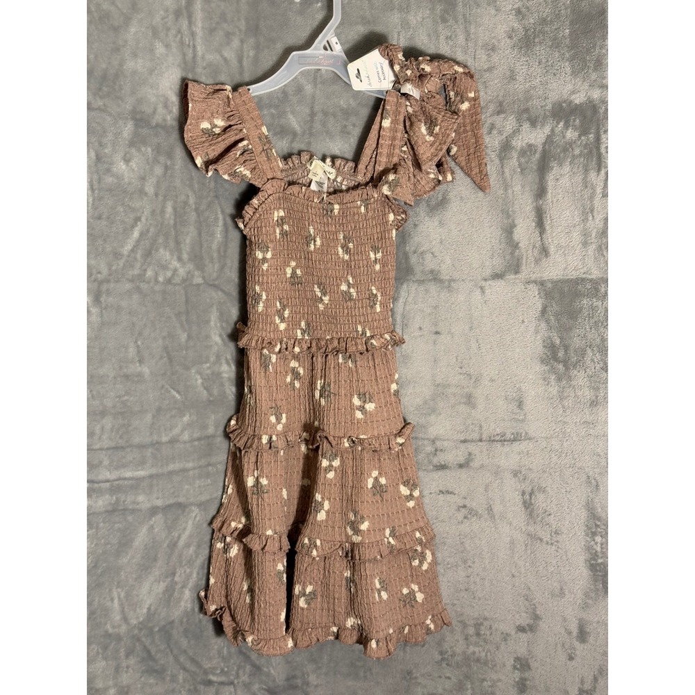 Derek Heart Girls Tan Floral Smocked Tiered Dress w/ Bow Scrunchie Size 6 NWT